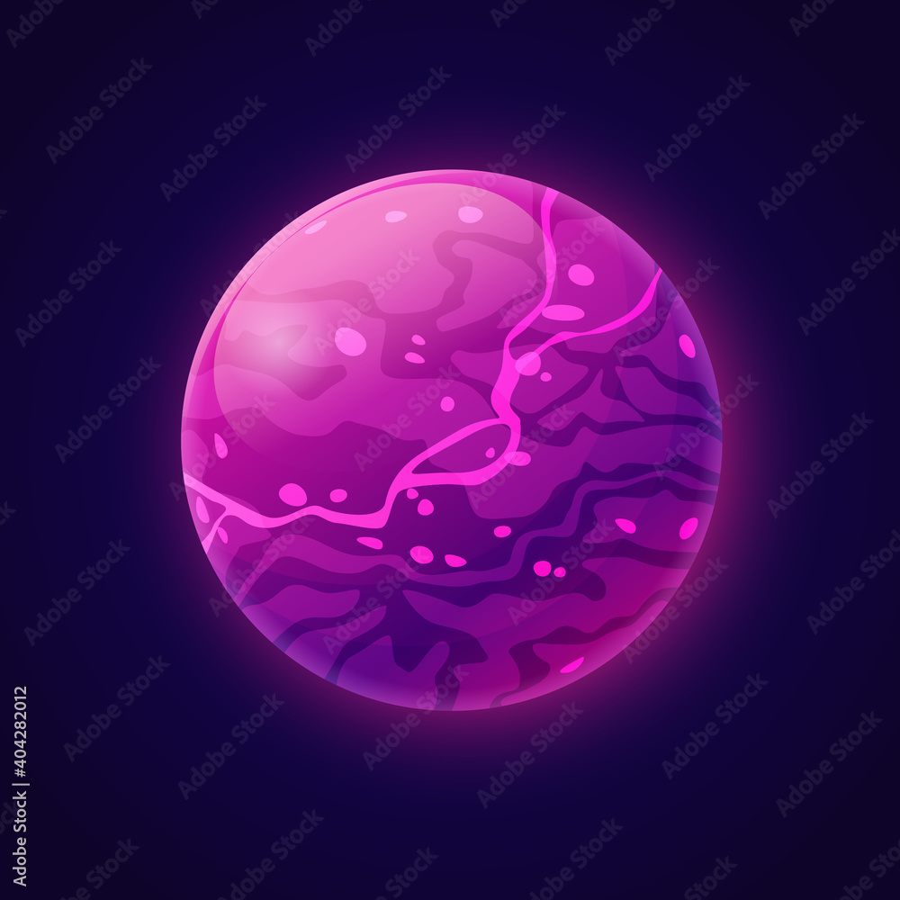 Poster fictional planet with plasma liquid and violet energy. cosmos and universe, outer space exploration 