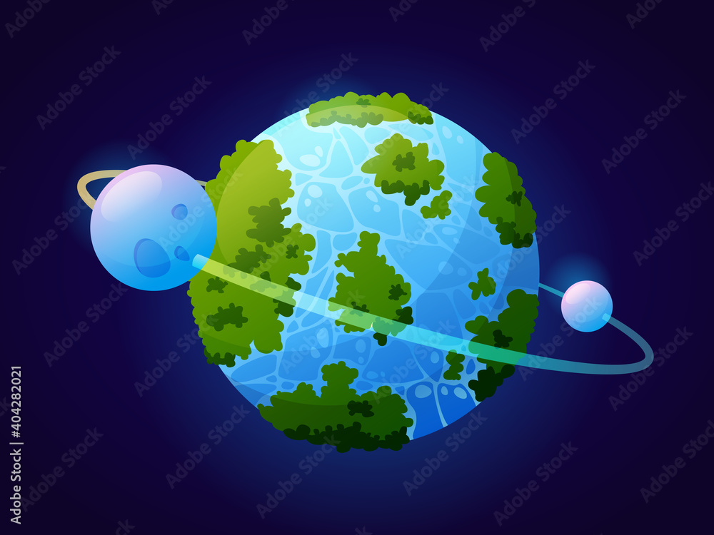 Poster fantasy planet looks like earth with vegetation and water masses. celestial body with satellite and 