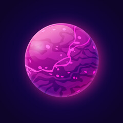 Fictional planet with plasma liquid and violet energy. Cosmos and universe, outer space exploration or discoveries. Fantasy celestial body, star or asteroid design. Cartoon vector in flat style