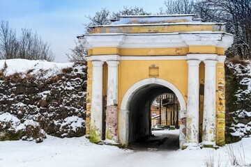 Russia, Vyborg, January 2021. Ancient gate in the rampart.