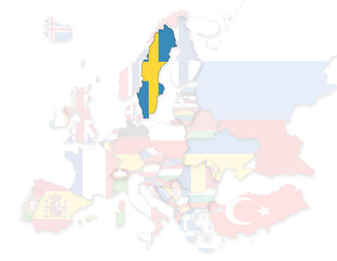 3D Europakarte auf der Schweden hervorgehoben wird und die restlichen Flaggen transparent sind