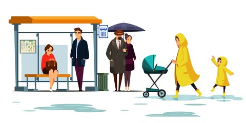 People in rainy weather at bus stop. Man and woman under umbrella, girl and businessman sheltering under roof, mother in raincoat with child and stroller. Traveling in transport vector illustration