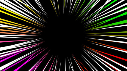 Colorful of radial shining speed line. Abstract fast motion in black background.