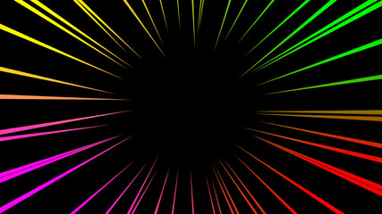 Fototapeta premium Colorful of radial shining speed line. Abstract fast motion in black background.