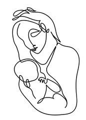One continuous line drawing of Woman with newborn baby.

One line drawing of mother holding a newborn baby in her arms.
