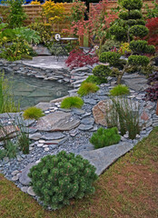 A natural rock and water garden witrh Clouid pruning and colourful Acer