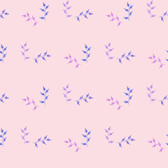 Seamless pattern with  blue and light violet branches on light pink background