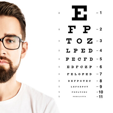 Man Wearing Eyeglasses And Eye Chart For Visual Acuity Test