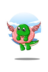 Small dinosaur flying on a donuts with wings and sky background