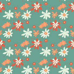 Fototapeta na wymiar Pastel palette seamless pattern with white, red and orange flowers abstract print. Blue background.