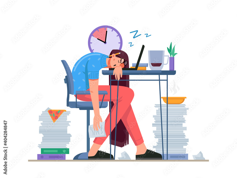 Poster home office problems of freelancers. worker having irregular working hours, sleeping and eating at w