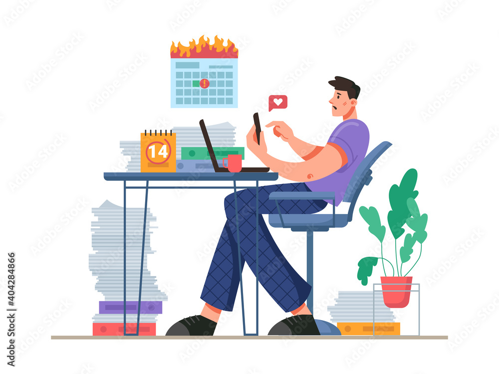 Aufkleber Man procrastinating and distracting by using social networks instead of working. Deadlines and heavy workload and tasks. Lack of motivation and pressure at home. Cartoon character, vector in flat