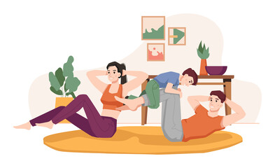 Parents training at home with kid. Man and woman leading active lifestyle together. Male and female with son laying on floor doing plank for abs and strength. Cartoon character, vector in flat style