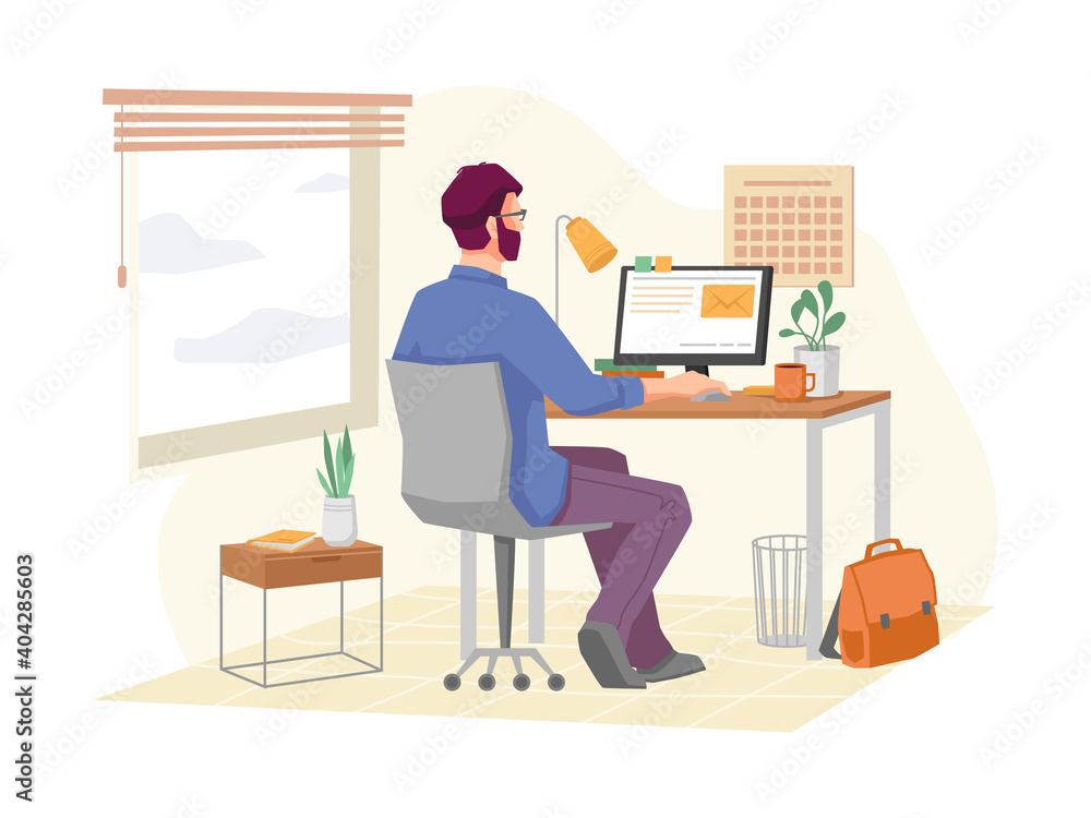 Poster Employee working from home, remote job using personal computer or laptop for tasks completion. Businessman at workplace with gadget, light and decoration. Cartoon character, vector in flat style