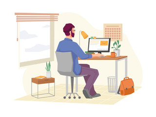 Employee working from home, remote job using personal computer or laptop for tasks completion. Businessman at workplace with gadget, light and decoration. Cartoon character, vector in flat style
