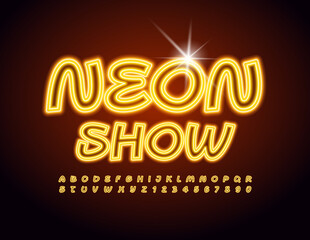 Obraz premium Vector event flyer Neon Show. Yellow Led Font. Illuminated Light Alphabet Letters and Numbers set