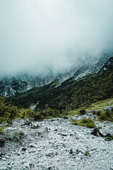 Heavy fog in the green alpine mountains with heavy mist. Mountain trail view on a cold rainy day. Austria, Alps