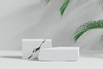 White marble product display podium with nature leaves. 3D rendering	
