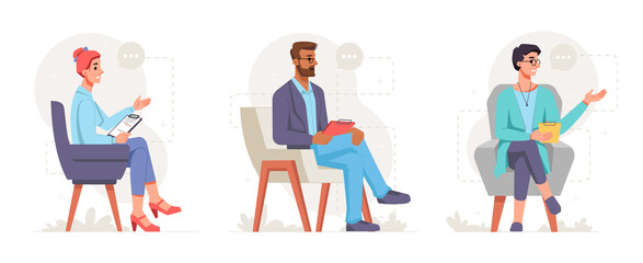 Professional psychologists in chairs holding clipboard with notes to write down info. Specialists giving mental healthcare and support for patients suffering from problems. Vector in flat style