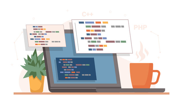 Coding and programming, developing sites using special language. Isolated laptop or computer screen with cup of coffee and plant in pot. Desk of coder, online programmer. Vector in flat style