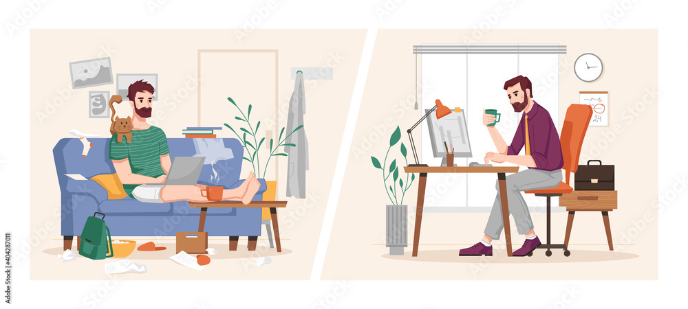 Aufkleber man working at computer in office and at home, vs flat cartoon illustration. vector businessman at w