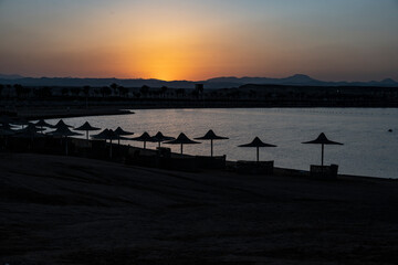 sunset on the background of a sandy beach with palm trees