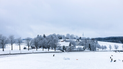 Panorama of snowy landscape in winter in Germany.