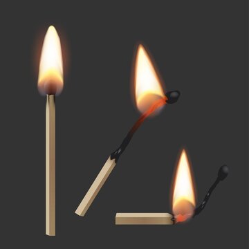 Lit match stick burning with fire flame set. Wooden matches, hot and glowing red isolated on dark background. Abstract realistic vector illustration