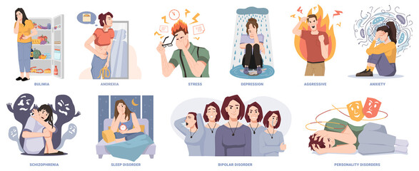 People suffering from mental disorders and illnesses. Bulimia and anorexia, stress and depression, aggressive emotions and anxiety. Schizophrenia and bipolar, personality and sleep problems, vector - obrazy, fototapety, plakaty
