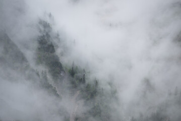 Fototapeta na wymiar Mist in the mountains of the Bavarian alps near Garmisch Partenkirchen with some barely visible trees no. 1