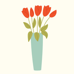 Vector Illustration of a Bouquet of Flowers in Vase in Flat Hand Drawn Style.Red Spring Tulips Isolated on white background.Floral Cute Decor for the Interior.