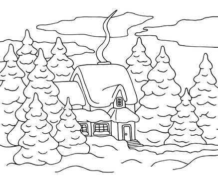 House in the winter forest, coloring page