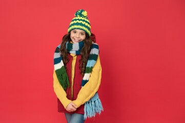 Warm smiles. take care of health. cheerful child wear warm winter clothes. seasonal kid fashion. stay cozy and comfortable. happy childhood. cold season look for teen girl. knitted clothing style