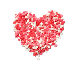 Heart made of sweet candies on white background, top view