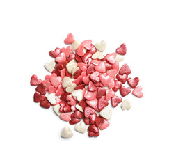 pile of sweet candy hearts on white background, top view