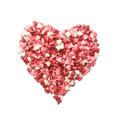 Fototapeta na wymiar Heart made of sweet candies on white background, top view