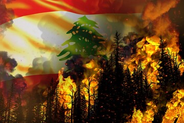 Big forest fire fight concept, natural disaster - heavy fire in the trees on Lebanon flag background - 3D illustration of nature