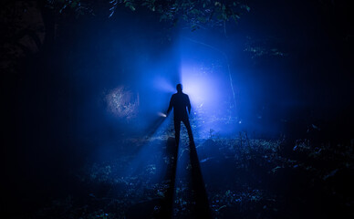 strange light in a dark forest at night. Silhouette of person standing in the dark forest with light. Horror halloween concept. strange silhouette in a dark spooky forest at night