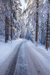 Obraz premium Winterly and snowy mountain road in a forest