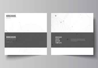 Vector layout of two square covers templates for brochure, flyer, magazine, cover design, book design, brochure cover. Gray technology background with connecting lines and dots. Network concept.