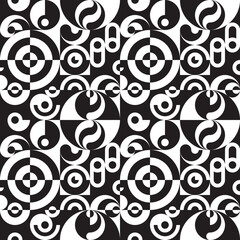 Background geometric design. Abstract seamless pattern. Circles structure. Black and white contrast colors. Concept banner. Vector illustration. 
