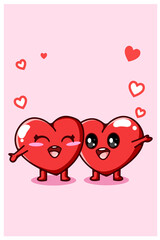 Kawaii two hearts that embrace each other cartoon illustration
