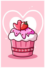 Cupcake ice cream with strawberry in valentine day cartoon illustration