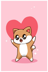 Kawaii and funny cat give a big heart valentine cartoon illustration