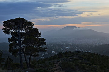 Sunset view from Penteli mountain in Athens in Greece