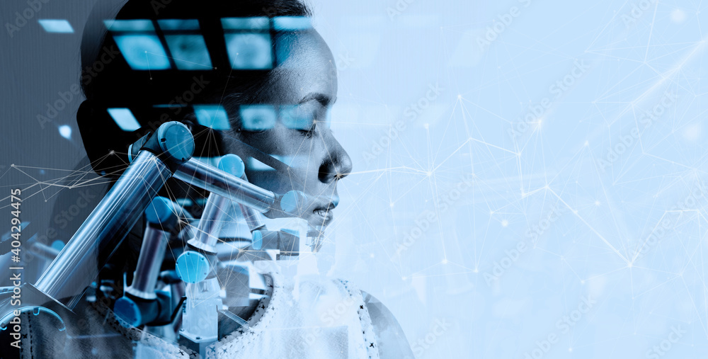 Poster Double explosure of Factory Female Industrial manager Engineer looking at automation robot arms machine in factory industrial on real time monitoring system software.