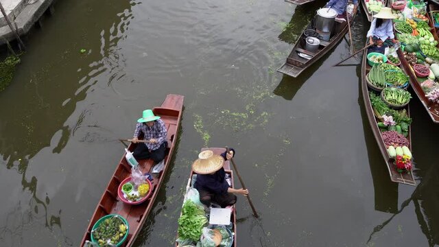Aerial view famous floating market at Ratchaburi, in Thailand,  Damnoen Saduak floating market,