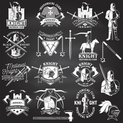 Set of knight historical club badge design Vector Concept for shirt, print, stamp, overlay or template. Vintage typography design with knight, knight on a horse, swords, axe, castle silhouette