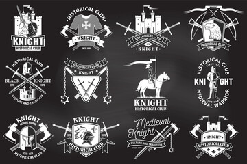 Set of knight historical club badge design Vector Concept for shirt, print, stamp, overlay or template. Vintage typography design with knight, knight on a horse, swords, axe, castle silhouette