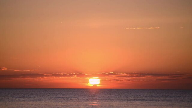 Time lapse. Sunrise over the sea in the sky clouds and flying birds